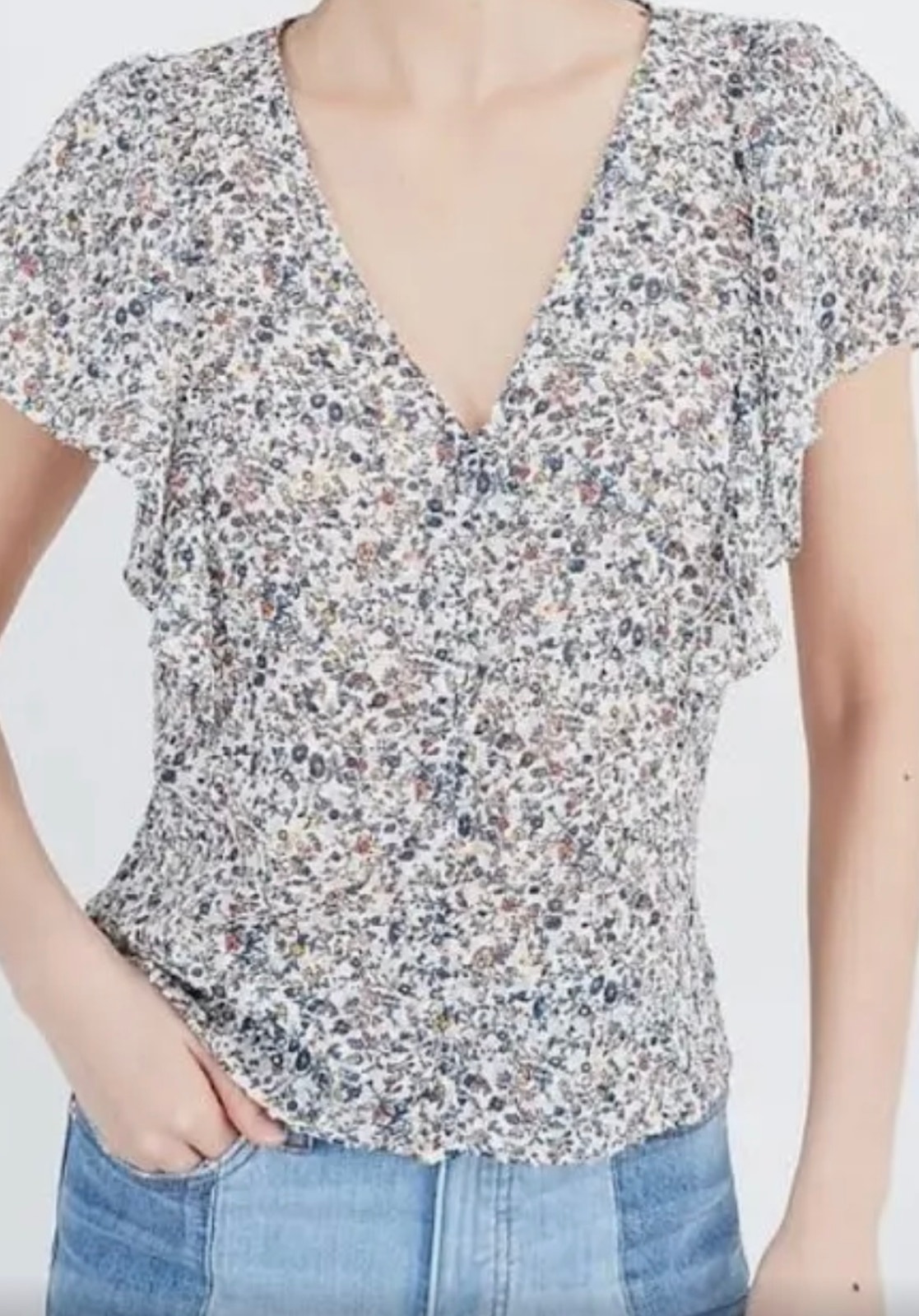 Madewell Cream Ditsy Floral V-Neck Button Front Cap Sleeve Blouse Top 2